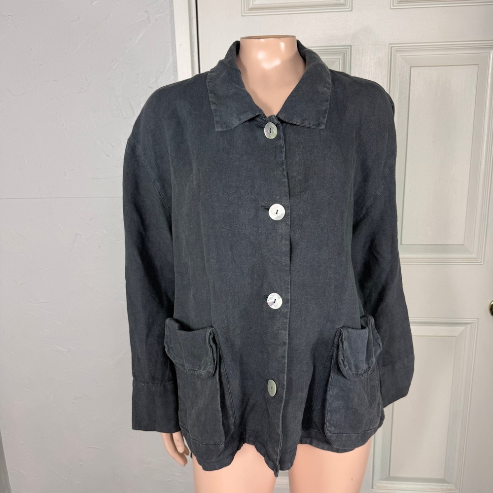 Oska Womens Shirt 2 12 Linen Button Collar Lagenlook Knit Long Sleeve X3-18